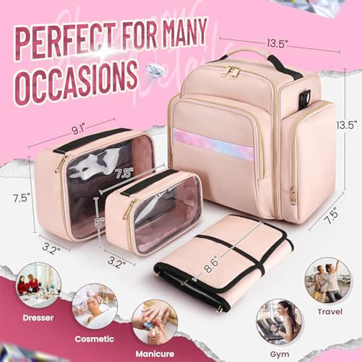 Pink 4-in-1 Travel Cosmetic Organizer Bag with Detachable Polyester Storage Boxes and Jewelry Roll, Multiple Compartments, Portable Makeup Bag