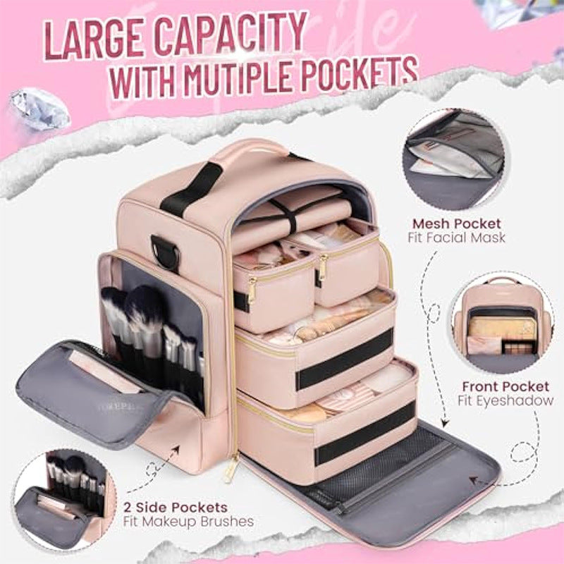 Pink 4-in-1 Travel Cosmetic Organizer Bag with Detachable Polyester Storage Boxes and Jewelry Roll, Multiple Compartments, Portable Makeup Bag