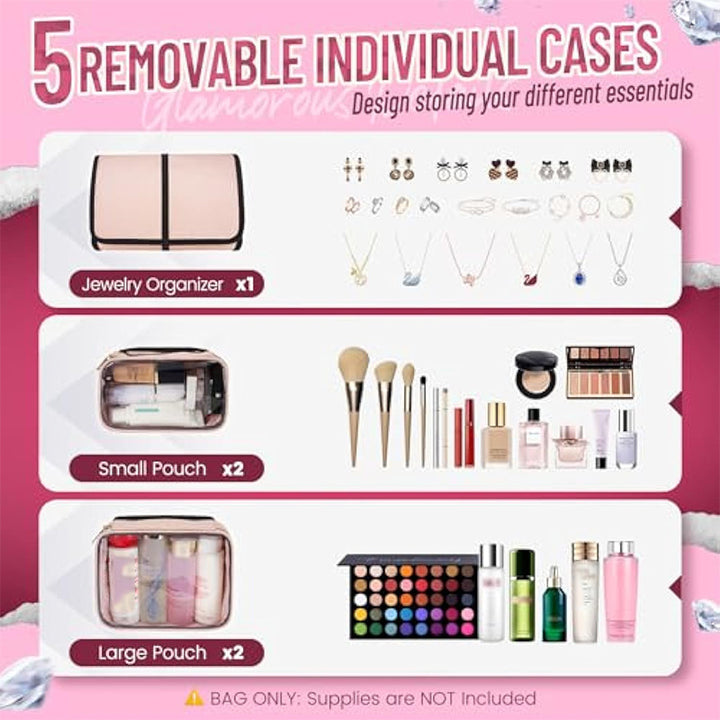 Pink 4-in-1 Travel Cosmetic Organizer Bag with Detachable Polyester Storage Boxes and Jewelry Roll, Multiple Compartments, Portable Makeup Bag