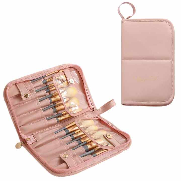 Pink Portable Shell Makeup Brush Storage Bag - Multi-Functional PU Cosmetic Organizer with Button Closure, Convertible to Stand Design(Make-up brushes are filming props, not included)