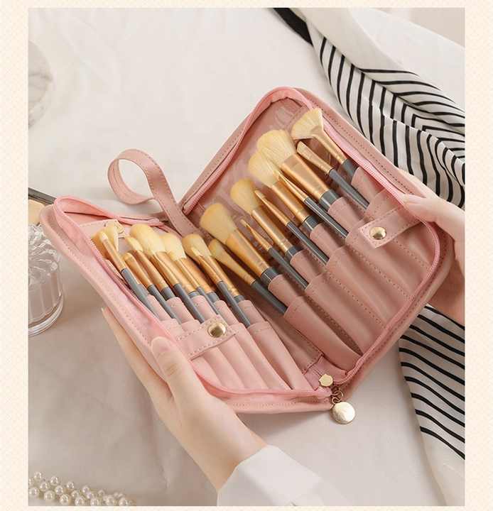 Pink Portable Shell Makeup Brush Storage Bag - Multi-Functional PU Cosmetic Organizer with Button Closure, Convertible to Stand Design(Make-up brushes are filming props, not included)