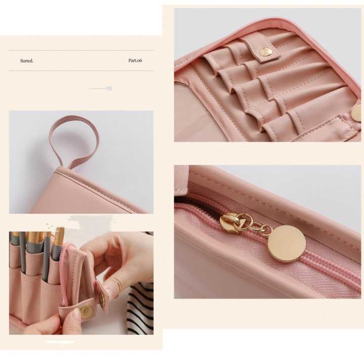 Pink Portable Shell Makeup Brush Storage Bag - Multi-Functional PU Cosmetic Organizer with Button Closure, Convertible to Stand Design(Make-up brushes are filming props, not included)