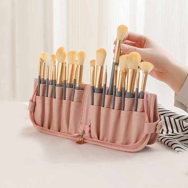 White Portable Shell Makeup Brush Storage Bag - Multi-Functional PU Cosmetic Organizer with Button Closure, Convertible to Stand Design(Make-up brushes are filming props, not included)