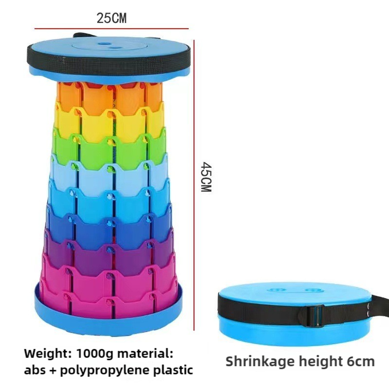 Rainbow Color Stitching Blue Portable Outdoor Telescopic Folding Stool with 100 Weight-Bearing Buckles, Lightweight and Compact Design, Perfect for Fishing, Camping, and Travel