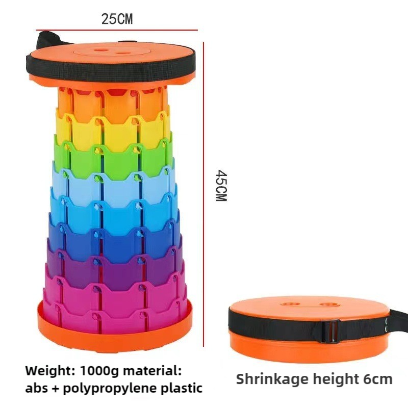 Rainbow Color Stitching Orange Portable Outdoor Telescopic Folding Stool with 100 Weight-Bearing Buckles, Lightweight and Compact Design, Perfect for Fishing, Camping, and Travel