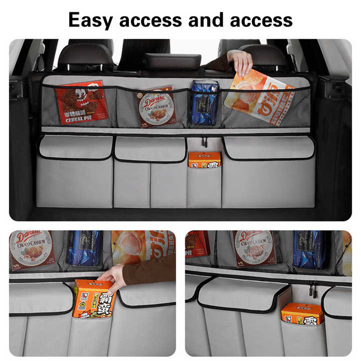 Grey Car Trunk Storage Bag - Large Capacity Oxford Cloth Multi-Purpose Hanging Organizer with Mesh Pockets and Backseat Storage