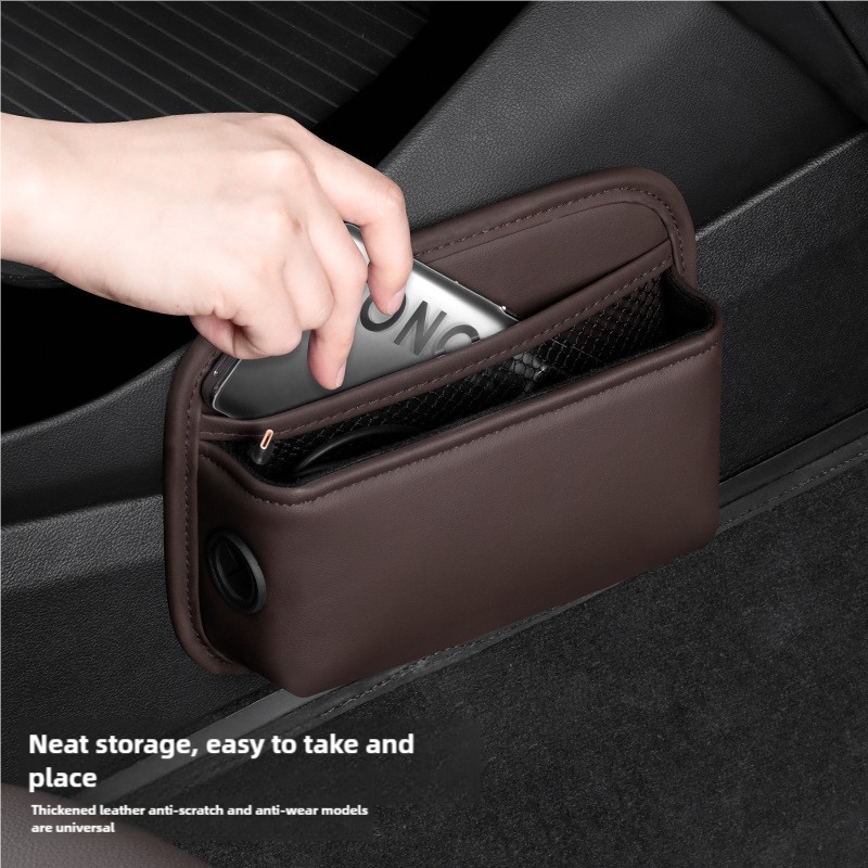 Black PU Leather Car Storage Organizer with Dual Charging Holes and Inner Mesh Pocket, Multi-functional Door Handle Hanging Bag for Phones and Accessories, Lightweight and Durable