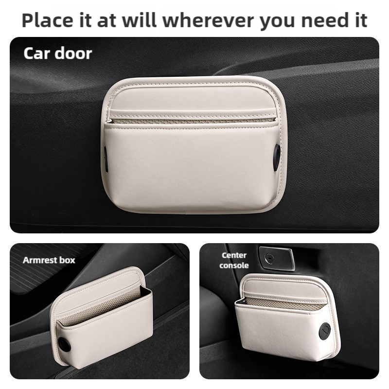 Coffee PU Leather Car Storage Organizer with Dual Charging Holes and Inner Mesh Pocket, Multi-functional Door Handle Hanging Bag for Phones and Accessories, Lightweight and Durable