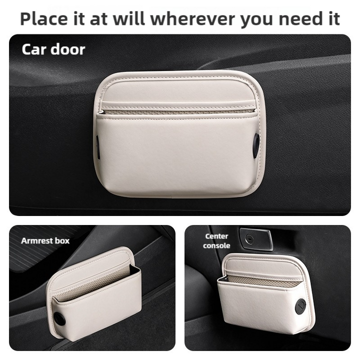 Off White PU Leather Car Storage Organizer with Dual Charging Holes and Inner Mesh Pocket, Multi-functional Door Handle Hanging Bag for Phones and Accessories, Lightweight and Durable