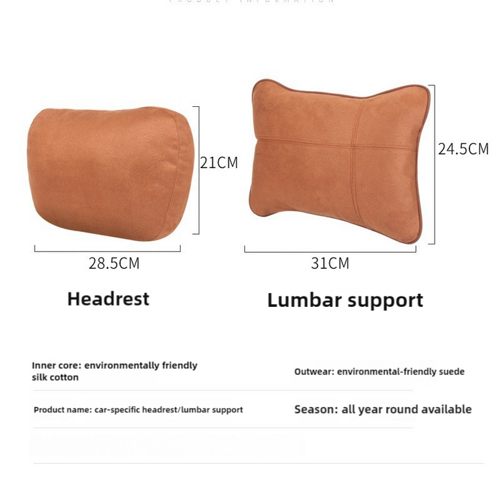 Brown Luxury Eco-Friendly Suede Car Headrest and Lumbar Cushion Set – Ergonomic Support, All-Season Comfort, Adjustable Straps, and Durable Design for Cars, Office, and Home Use