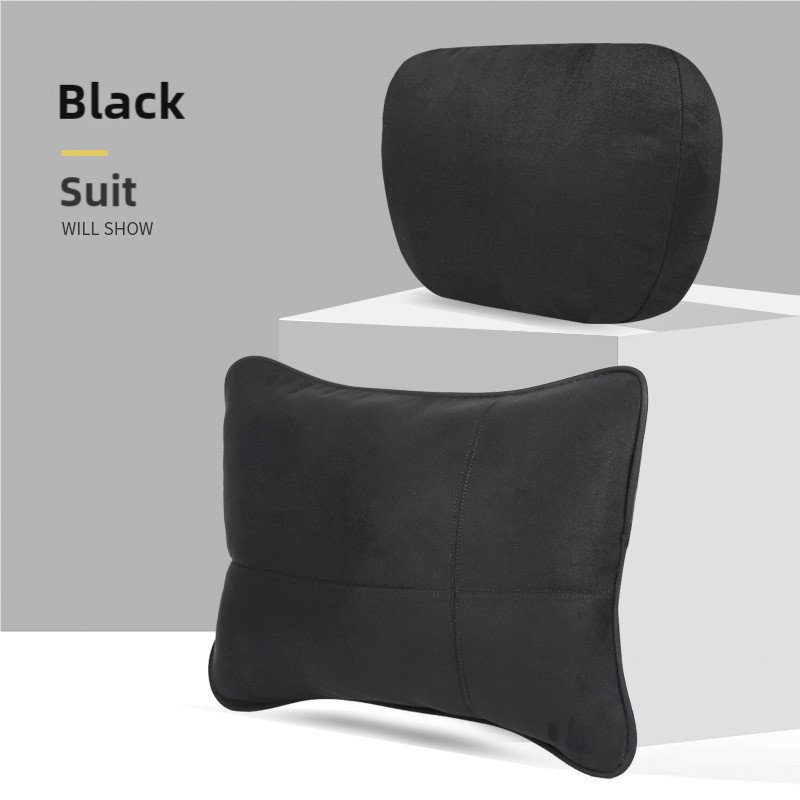 Black Luxury Eco-Friendly Suede Car Headrest and Lumbar Cushion Set - Ergonomic Support, All-Season Comfort, Adjustable Straps, and Durable Design for Cars, Office, and Home Use