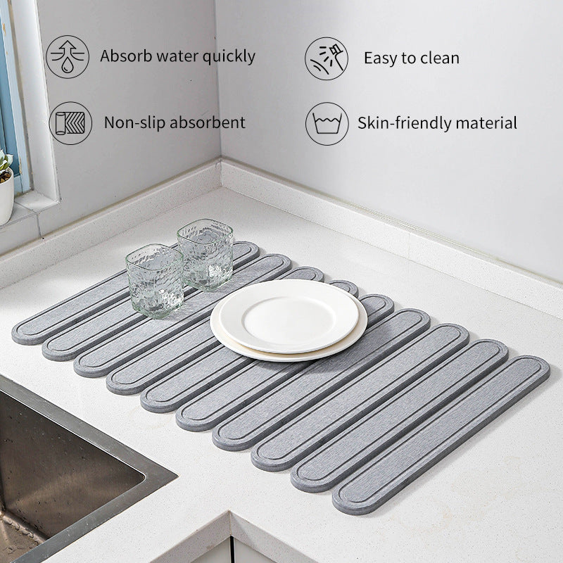 Light Gray Square Engraved Inner Frame Foldable Diatomaceous Earth Drying Mat - Super Absorbent, Fast-Drying, Non-Slip Kitchen Countertop Mat