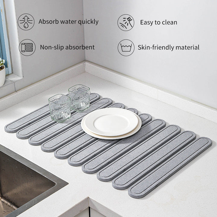 Dark Gray Square Engraved Inner Frame Foldable Diatomaceous Earth Drying Mat - Super Absorbent, Fast-Drying, Non-Slip Kitchen Countertop Mat