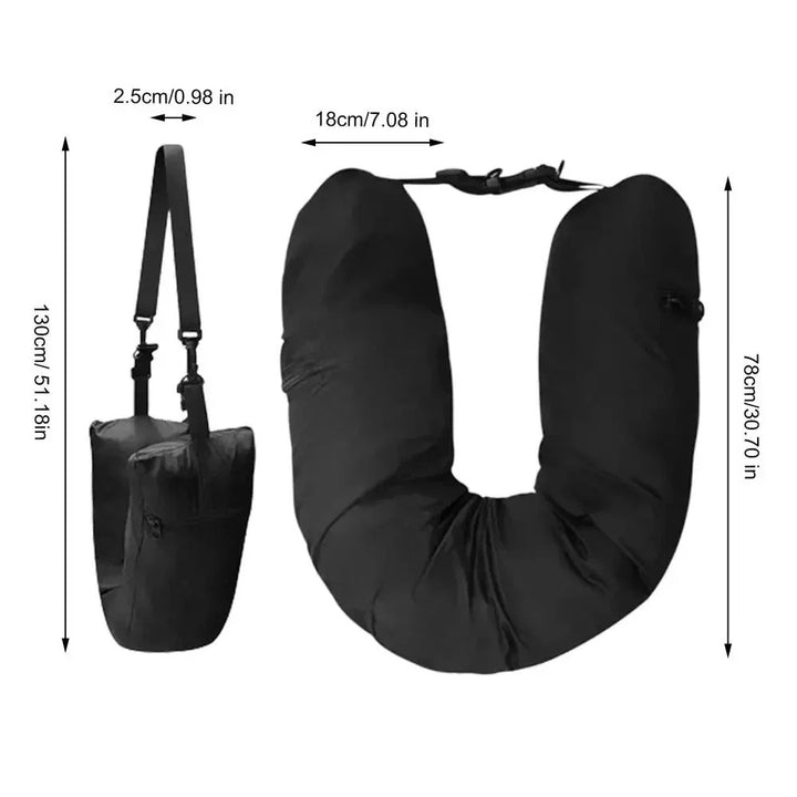 Black Waterproof Portable Refillable Travel Neck Pillow with Storage Bag – Lightweight and Compact for Airplane, Car, and Train – Multi-Purpose Travel Organizer