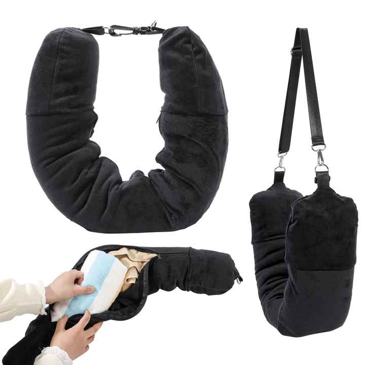 Black Suede Portable Refillable Travel Neck Pillow with Storage Bag - Lightweight and Compact for Airplane, Car, and Train - Multi-Purpose Travel Organizer