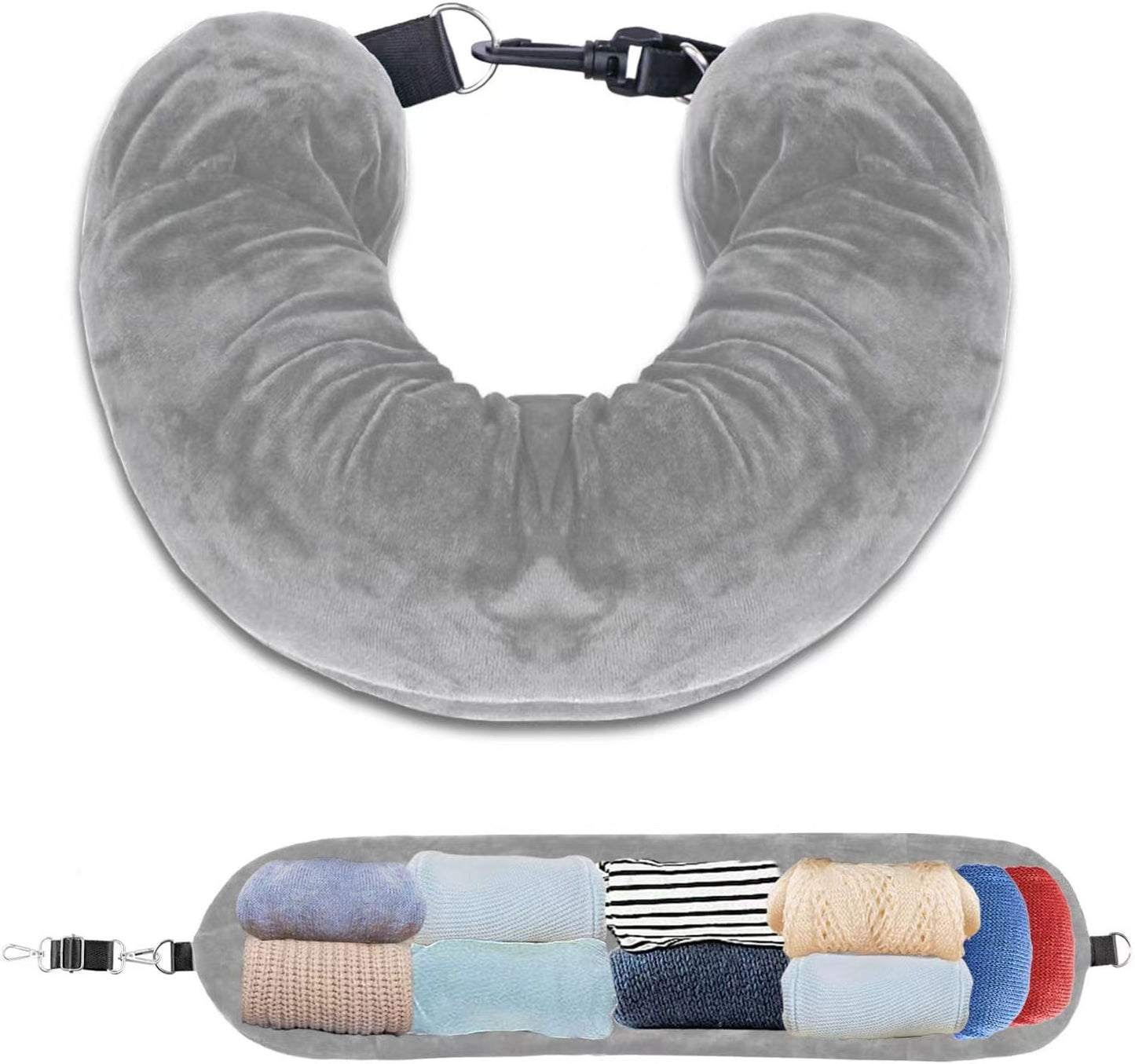 Grey Suede Portable Refillable Travel Neck Pillow with Storage Bag -Lightweight and Compact for Airplane, Car, and Train - Multi-Purpose Travel Organizer