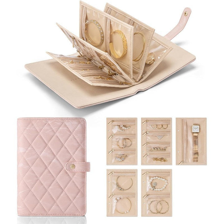 1 Piece Pink Luxury Leather Loose-Leaf Jewelry Organizer - Portable Large-Capacity Storage Book for Earrings and Necklaces(Jewellery is a shooting prop and is not included)