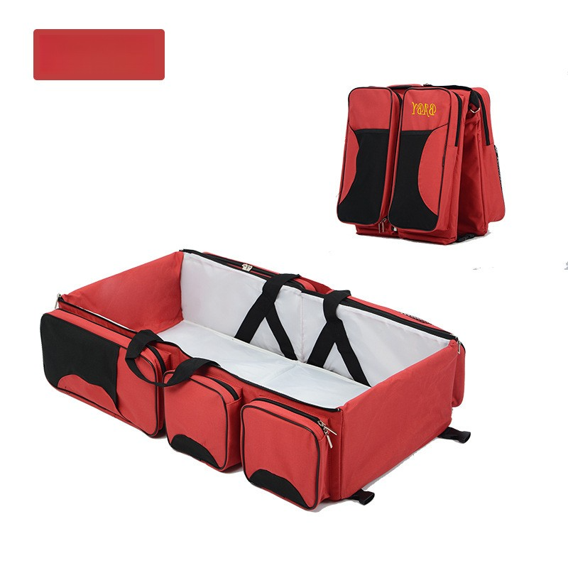 Red Multifunctional Foldable Baby Crib Mommy Bag | Large Capacity Diaper Bag | Portable Shoulder and Handheld Baby Essentials Bag