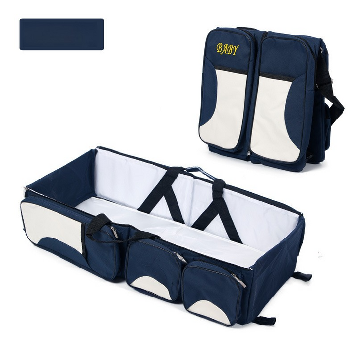 Dark Blue Multifunctional Foldable Baby Crib Mommy Bag | Large Capacity Diaper Bag | Portable Shoulder and Handheld Baby Essentials Bag