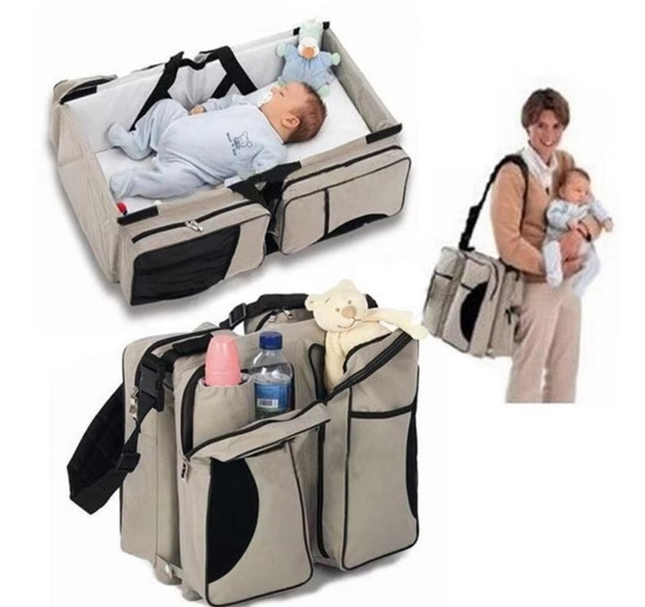 Grey-Blue Patchwork Multifunctional Foldable Baby Crib Mommy Bag | Large Capacity Diaper Bag | Portable Shoulder and Handheld Baby Essentials Bag