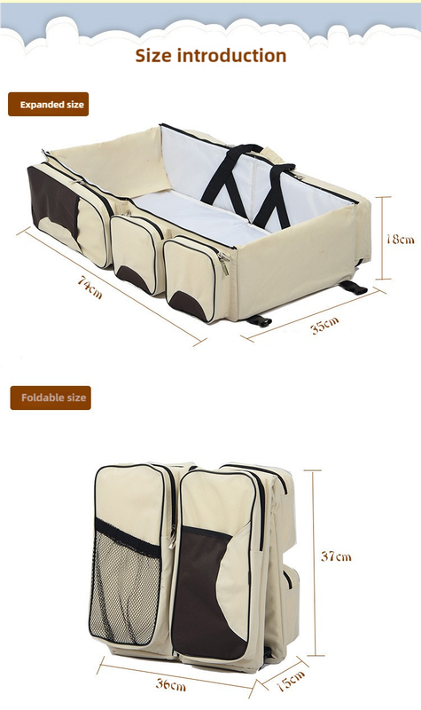 Beige-Brown Patchwork Multifunctional Foldable Baby Crib Mommy Bag | Large Capacity Diaper Bag | Portable Shoulder and Handheld Baby Essentials Bag