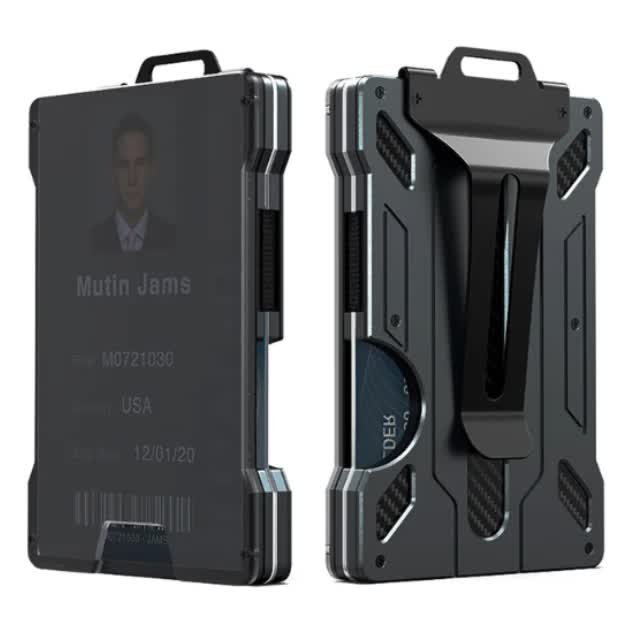 1 Pcs Black Premium RFID Blocking Aluminum Alloy ID Badge Holder with Transparent Card Slot & Money Clip