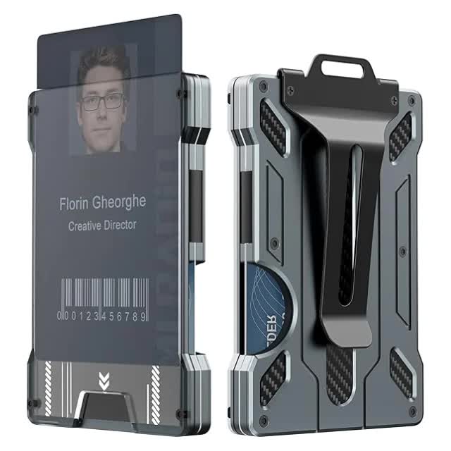 1 Pcs Grey Premium RFID Blocking Aluminum Alloy ID Badge Holder with Transparent Card Slot & Money Clip