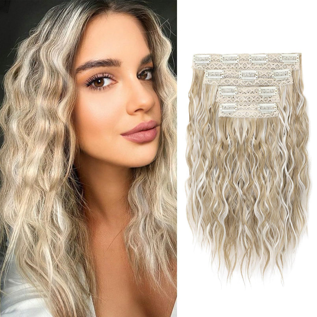 Light Gold 12-Inch Clip-in Wavy Hair Extensions - 4-Piece Set,  Easy to Apply, Instant Volume Boost