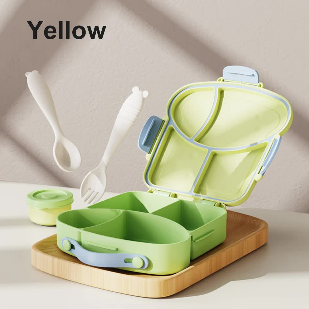 Yellow And Green Kids Bento Box with Dividers, Microwave Safe, Leak-Proof Lunch Box with Fork & Spoon - Eco-Friendly PP Plastic, Colorful, Leakproof Food Storage