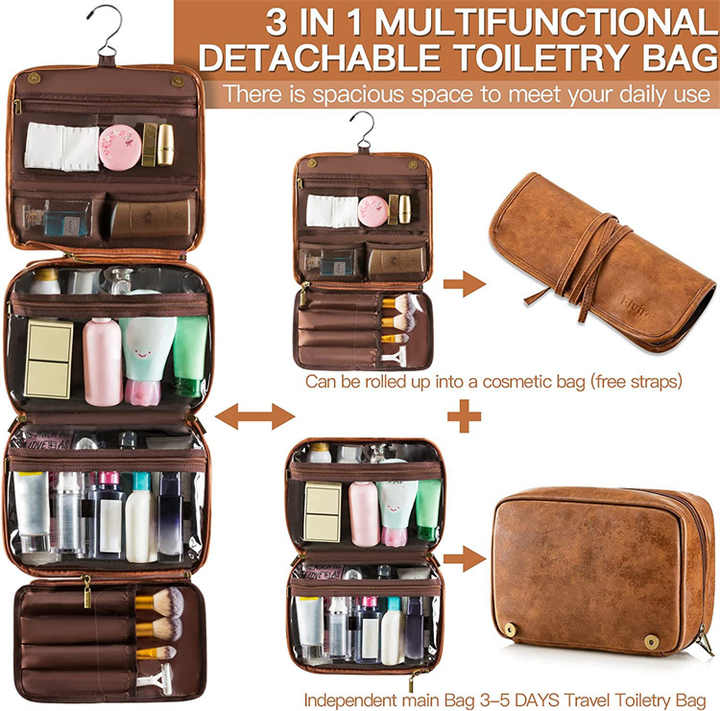 Yellowish Brown Luxury PU Business Travel Toiletry Bag - Large Capacity Waterproof Makeup Organizer with Dividers - Portable & Stylish Bathroom Storage