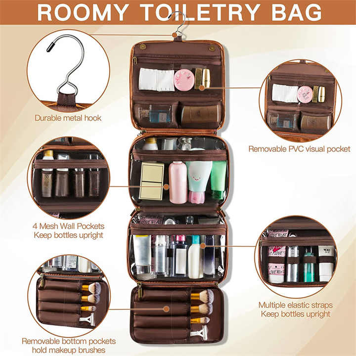 Yellowish Brown Luxury PU Business Travel Toiletry Bag - Large Capacity Waterproof Makeup Organizer with Dividers - Portable & Stylish Bathroom Storage