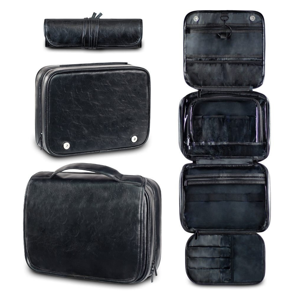 Black Luxury PU Business Travel Toiletry Bag - Large Capacity Waterproof Makeup Organizer with Dividers - Portable & Stylish Bathroom Storage