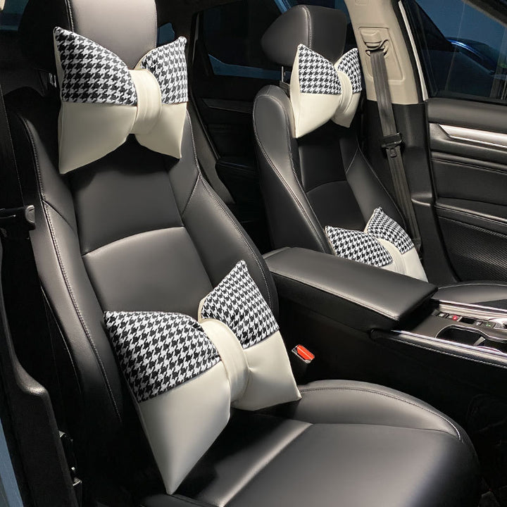 1 Pair (Headrest + Pillow) White Cute Bowtie Car Headrest Pillow and Waist Cushion Set, Stylish Houndstooth Design, Soft Neck and Back Support for Car Interior