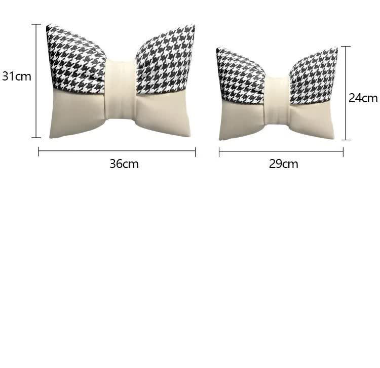 1 Pair (Headrest + Pillow) White Cute Bowtie Car Headrest Pillow and Waist Cushion Set, Stylish Houndstooth Design, Soft Neck and Back Support for Car Interior