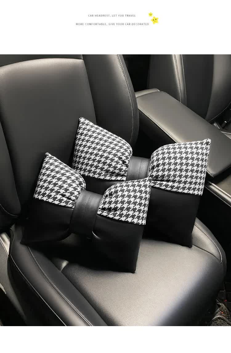 1 Pair (Headrest + Pillow) White Cute Bowtie Car Headrest Pillow and Waist Cushion Set, Stylish Houndstooth Design, Soft Neck and Back Support for Car Interior