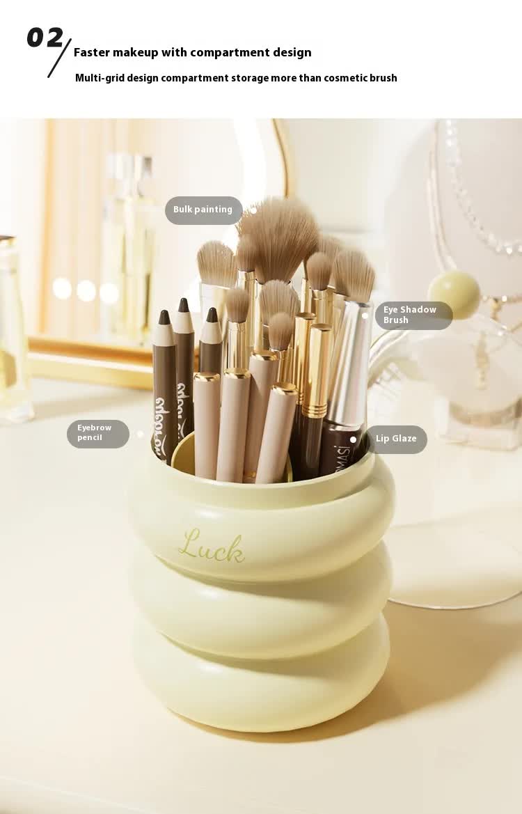 Yellow 360° Rotating Makeup Brush Holder with Clear Dome – Stylish Organizer for Vanity, Desk, and Bathroom