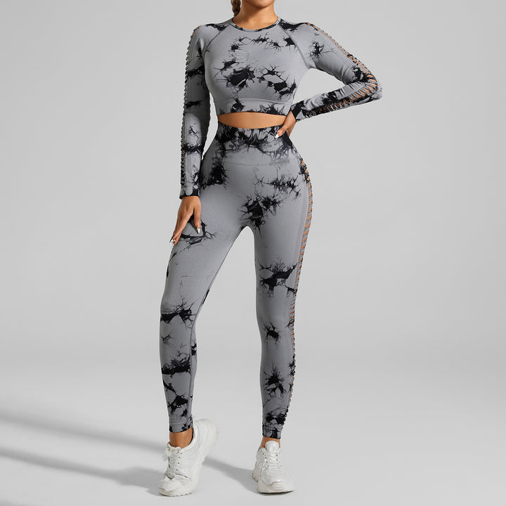 Light Gray Size S Tie-Dye Yoga Set Long Sleeve Butt Lift Leggings Seamless Workout Training Gym Clothes