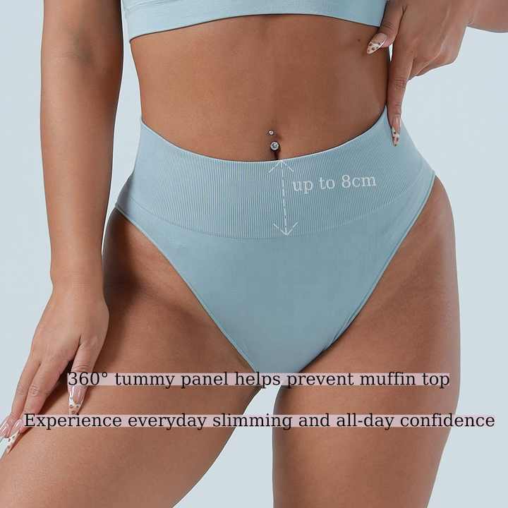 (Coffee+Blue+Grey)3 Pcs Size L Microfiber High-Waisted Thong Underwear with Tummy Control - Slimming Comfort