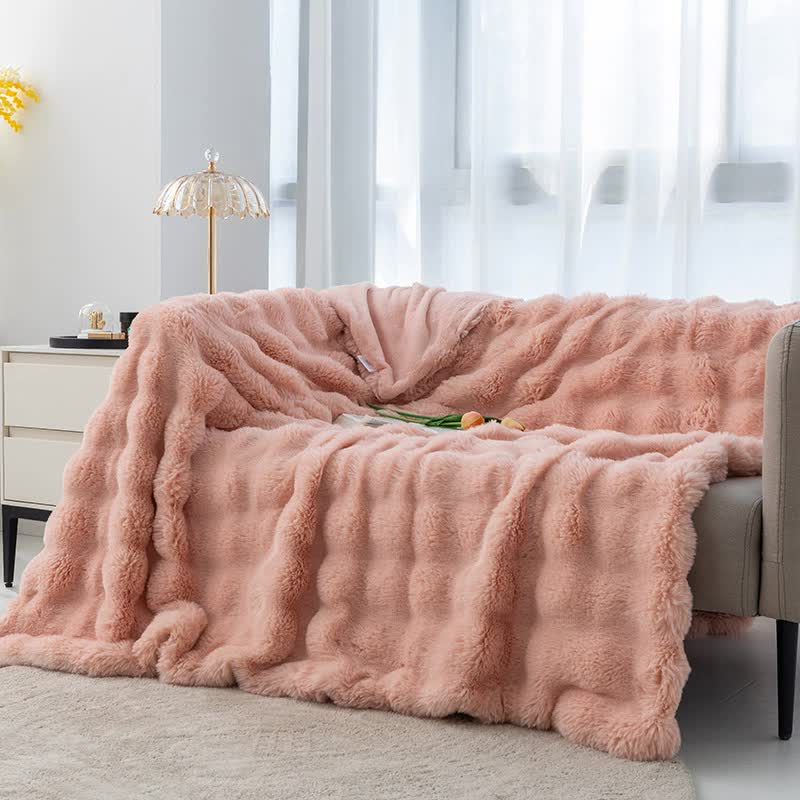 Pink 70*100cm Plush Toscana Rabbit Hair Throw Blanket - Soft Flannel Fleece for All Seasons, Perfect for Couch & Bed