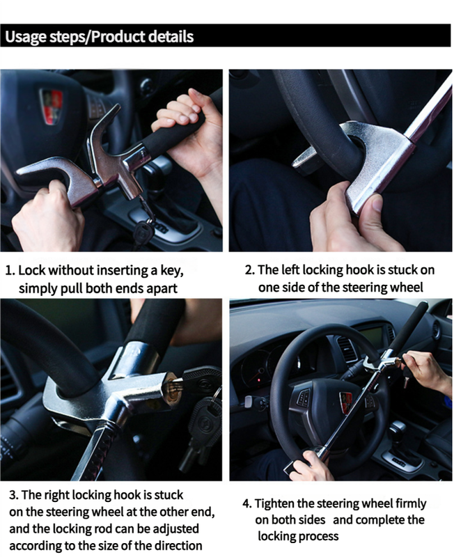 Black Multifunctional Car Steering Wheel Lock - Adjustable and Telescopic Anti-theft & Window Breaker Safety Tool