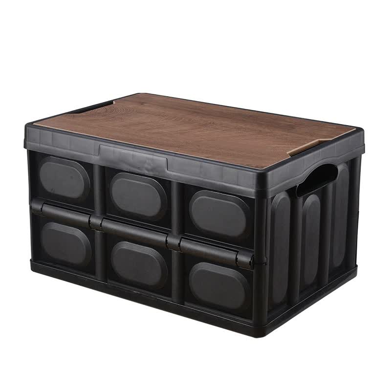 30L Black Foldable Storage Box with Wooden Lid - Multifunctional Car Organizer, Outdoor Folding Storage Container