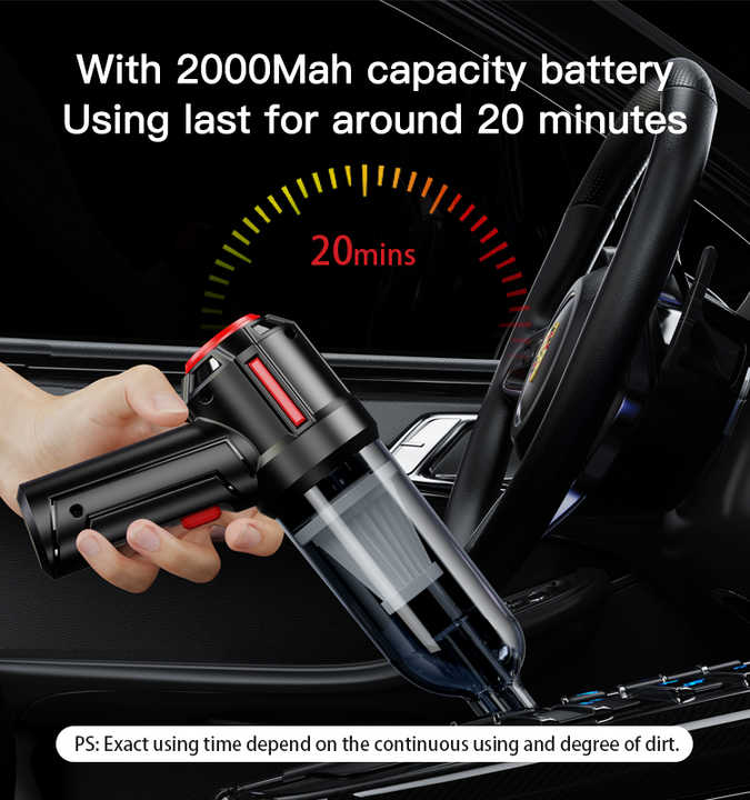 Black 3-in-1 Car Vacuum Cleaner with Blowing, Suction, and Dust Extraction - 2 x 2000mAh Rechargeable Batteries, Includes Floor Brush and Car Charger