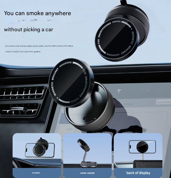 Black Magnetic Car Phone Mount - 66x66x34mm with Adjustable Bracket for Easy Smartphone Access