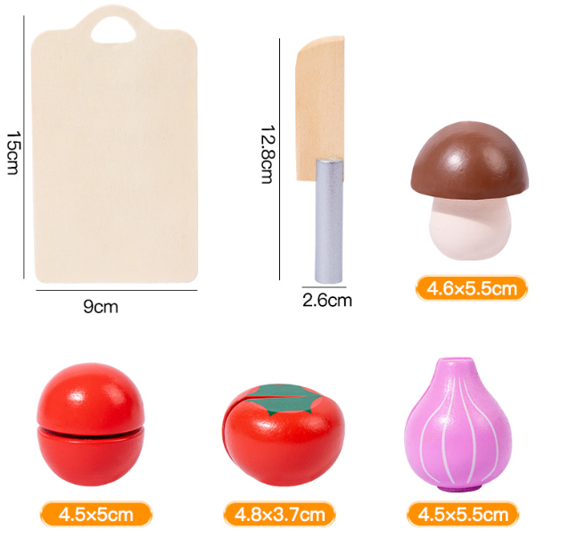 Kids Wooden Vegetable Cutting Toy Set - 18x15cm, Includes Knife, Fish, Carrot, Tomato & More