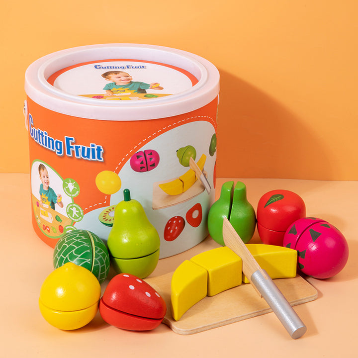 Kids Wooden Fruit Cutting Toy Set - 8 Fruits, Knife, and Cutting Board, 18x15cm Storage Container