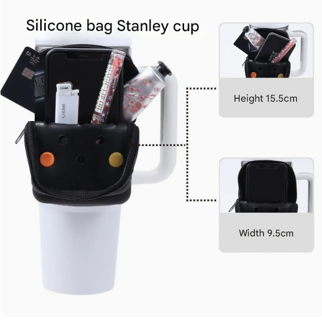 2 PCS Black Customizable Tumbler Pouch - Silicone Water Bottle Accessory Bag with Charm Holes - Phone & Essentials Holder