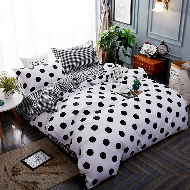 Black Polka Dot Premium Three-Piece Bedding Set - Comfortable Polyester with Adjustable Corner Straps (Quilt Cover 173*230CM + Pillowcase 51*76CM*2)