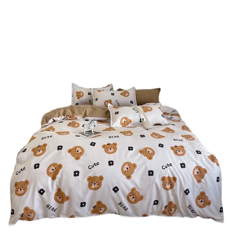 Cartoon Bear 4-Piece Bedding Set with Comforter and Pillowcases for Kids - Soft and Cute Bed Linen (Comforter 150x200cm, Bed Sheet 200x230cm, Pillowcases 48x47cm)