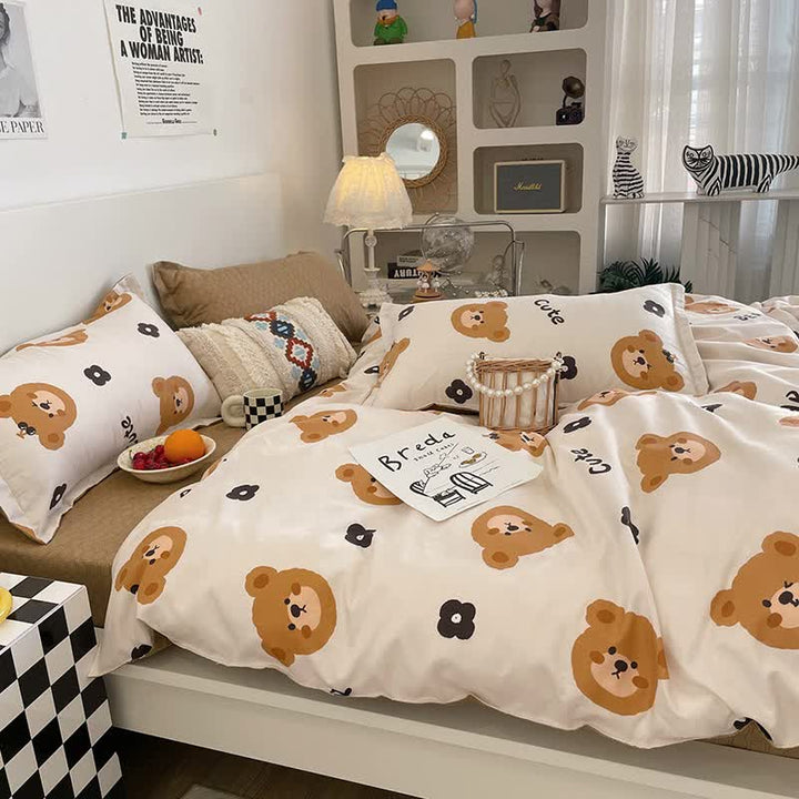 Cartoon Bear 4-Piece Bedding Set with Comforter and Pillowcases for Kids - Soft and Cute Bed Linen (Comforter 200x200cm, Bed Sheet 230x230cm, Pillowcases 48x47cm)