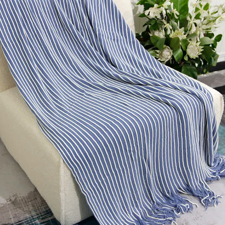 Blue Cozy Knit Throw Blanket with Fringe – Stylish Striped  Bed End Cover, 127x170cm